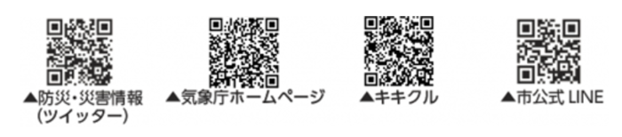 二次元コード：防災・災害情報（ツイッター）、気象庁ホームページ、キキクル、市公式LINE