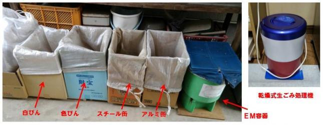 写真：乙川地区のNさん宅1　資源分別容器、EM容器と乾燥式生ごみ処理機