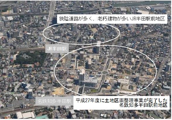 写真：駅と駅前地区（狭隘道路が多く、老朽建物が多いJR半田駅前地区、平成27年度に土地区画整理事業が完了した名鉄知多半田駅前地区）が示されている