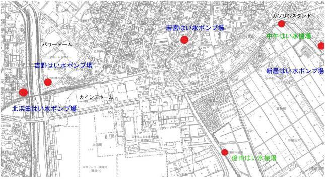 地図：乙川近辺のポンプ場・はい水機場