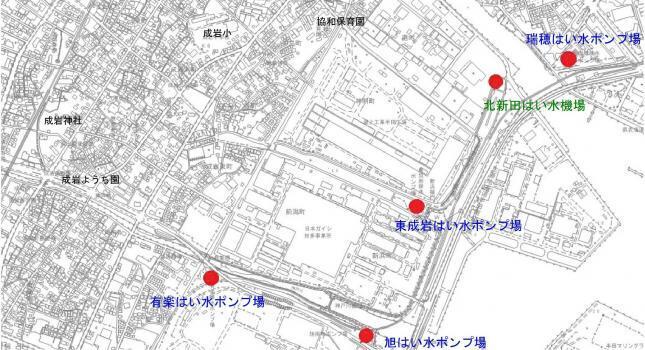 地図：成岩・青山近辺のポンプ場・はい水機場