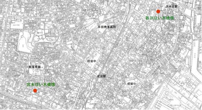 地図：半田・成岩近辺のポンプ場・はい水機場