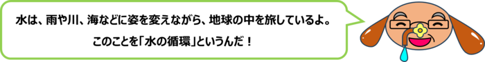砂谷先生「水は、雨や川、海などに姿を変えながら、地球の中を旅しているよ。 このことを「水の循環」というんだ！」