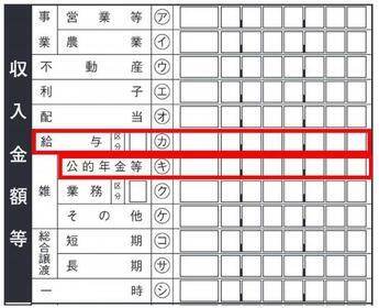 写真：収入金額等　給与と公的年金等の位置が示されている