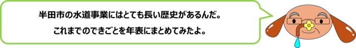 砂谷先生「半田市の水道事業にはとても長い歴史があるんだ。 これまでのできごとを年表にまとめてみたよ。」