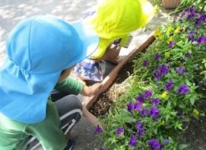 花を眺める子どもたちです。